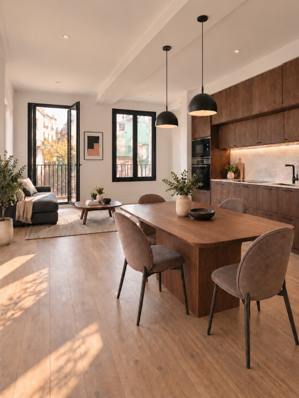 Kitchen and living room visualization with wood and natural light